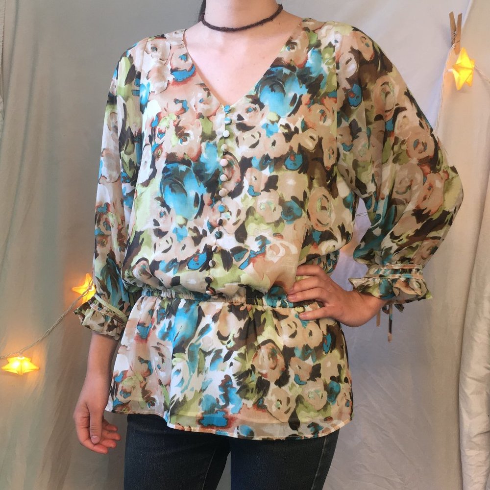 Bellefleur Tan Blue Floral Blouse